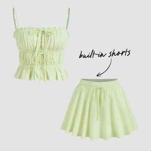 Lime Green Two-Piece Crop Top and Skirt Set with shorts under
